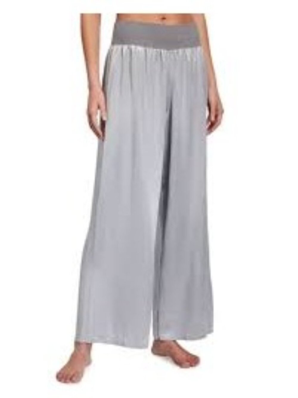 PJ Harlow Lola Silver Wide-Leg Satin Lounge Pants With Ribbed Knit Band